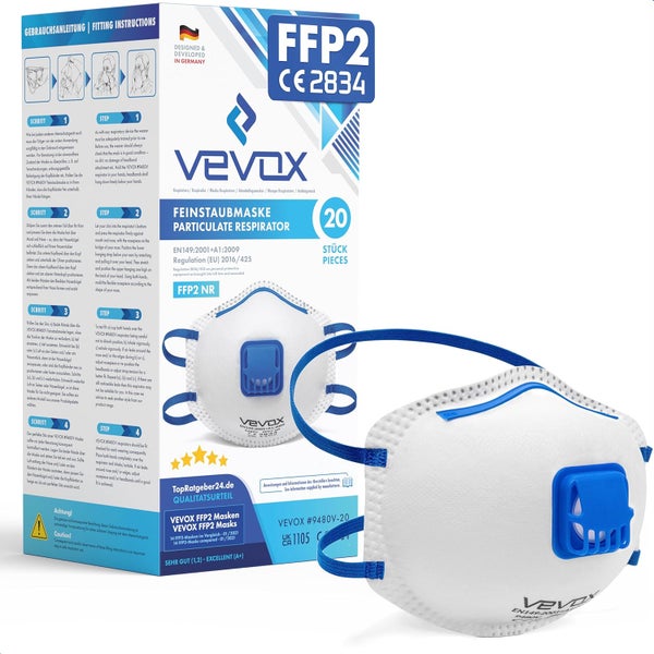 VEVOX® FFP2 Maske mit Ventil – im 20er Set – Staubmaske – Atemschutzmaske – Staubschutzmaske – Feinstaubmaske – Atemschutz z.B. gegen Feinstaub, Schleifstaub oder Baustaub