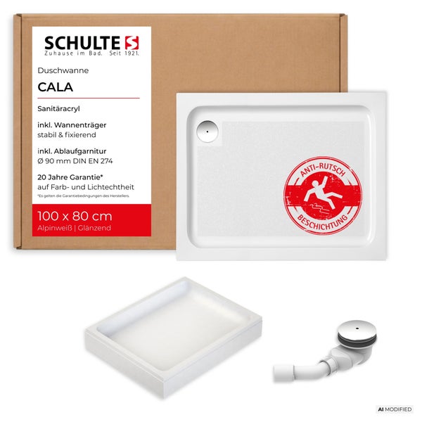 Schulte Duschwanne Cala aus Sanitäracryl in 100 mal 80 Zentimeter mit Wannenträger und Ablaufgarnitur sowie Antirutschbeschichtung.