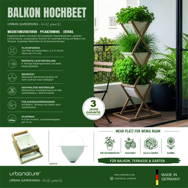 urbanature Logo. Vertikales Balkon-Hochbeet aus Robinienholz. Klappbar, weiße Pflanzkästen, drei Jahre Garantie, Hergestellt in Deutschland.