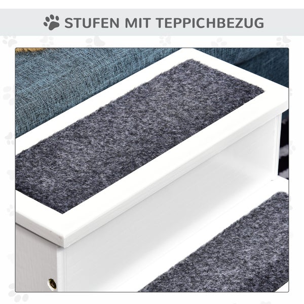 PawHut Hundetreppe 3 Stufen Katzentreppe Haustiertreppe Hundetreppe für Hunde und Katzen Tiertreppe Einstiegshilfe mit Teppich Stauraum für Sofa Bett Tannenholz Weiß 40,5 x 44,5 x 38 cm