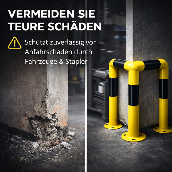 Vergleich einer beschädigten Betonwandecke mit einer durch einen gelb-schwarzen Eckschutzbügel gesicherten Ecke zum Schutz vor Fahrzeugschäden.