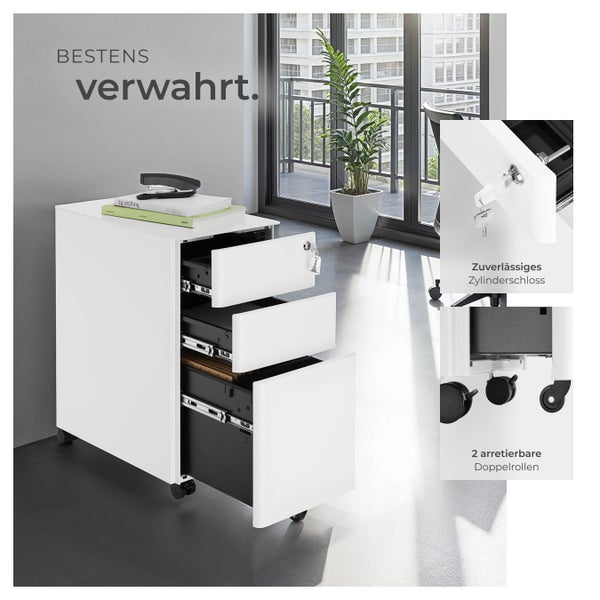 Weißer Rollcontainer mit drei Schubladen und Zylinderschloss