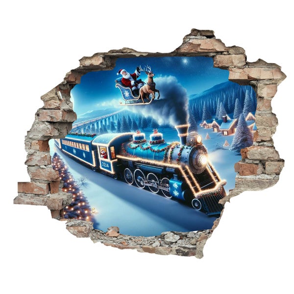 3D Wanddurchbruch selbstklebender Sticker Weihnachtsmann im Zug WS16025_60x50 cm Weihnachten Deko für die Wand