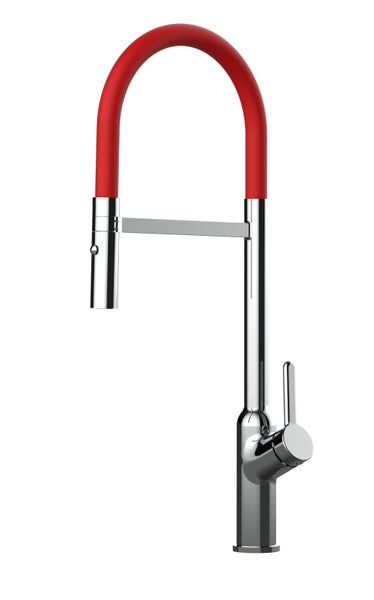 Moderne Einhebel Küchenarmatur mit schwenkbarem Auslauf aus Metall in Chromoptik mit flexiblem Schlauch.