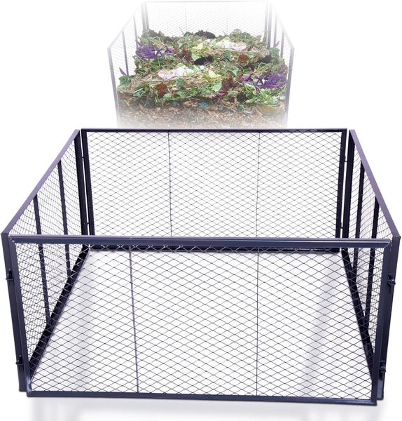 Quadratischer Drahtkomposter aus Metall zur Kompostierung von Gartenabfällen.