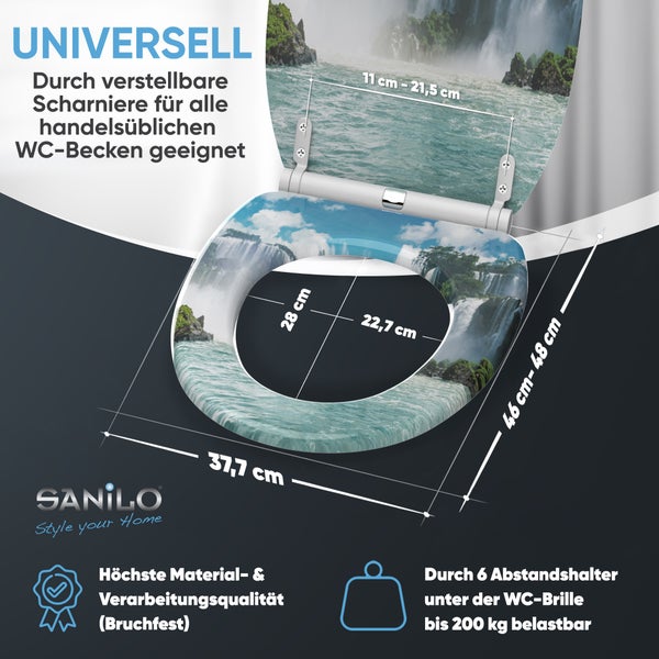 Sanilo WC-Sitz Wasserfall, universell, verstellbare Scharniere, circa 37,7 mal 46 bis 48 Zentimeter, bis 200 Kilogramm belastbar.