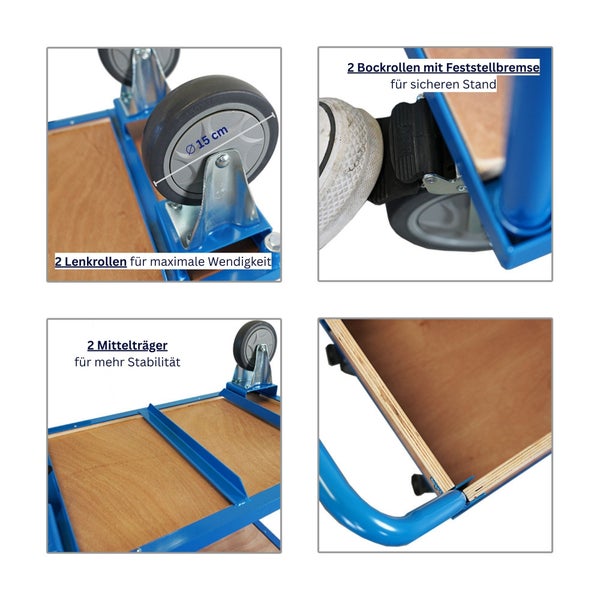 Details eines blauen Transportrollers mit Bockrollen, Lenkrollen und Mittelträgern