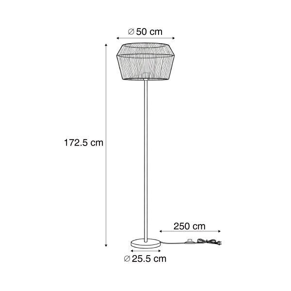 Stehlampe mit Maßen: Höhe 172,5 Zentimeter, Schirmdurchmesser 50 Zentimeter, Standfuß 25,5 Zentimeter, Kabellänge 250 Zentimeter.