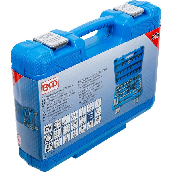 Steckschlüsselsatz mit Bits und Nüssen in blauem Koffer