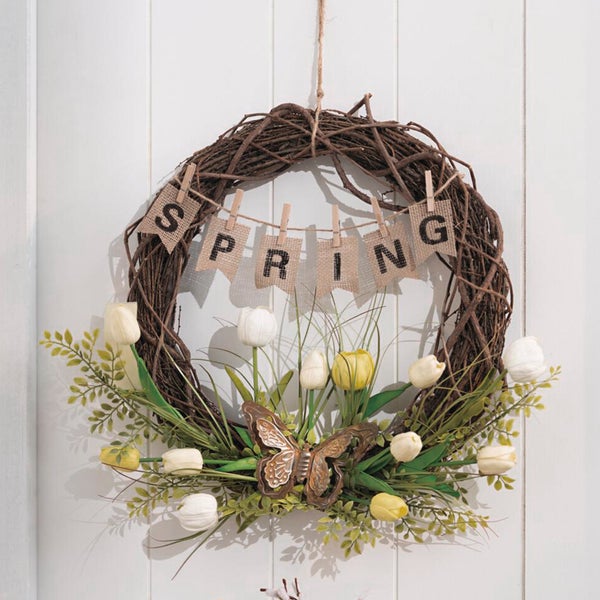 FRANK FLECHTWAREN|Kranz Spring, Kranz Ø 45 cm, mit Deko Ø 52 cm, KIEFER, KUNSTSTOFF, METALL, JUTE