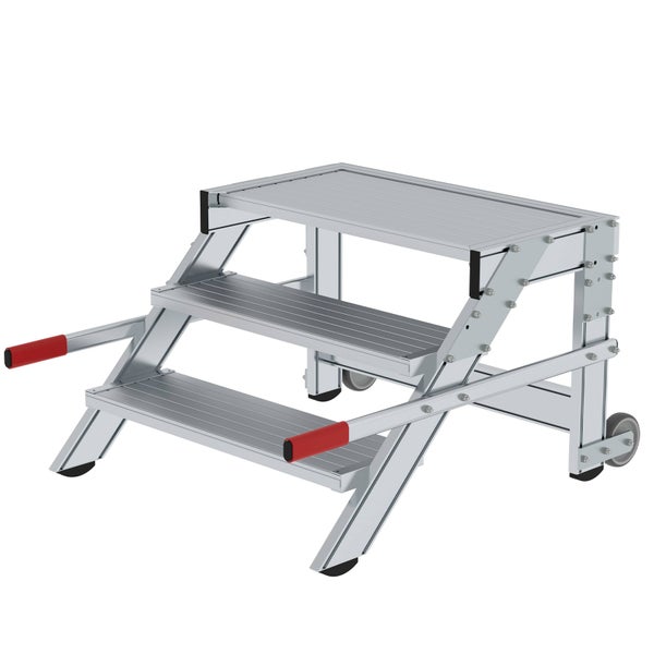 Aluminium Arbeitsbühne mit drei Stufen und roten Griffen