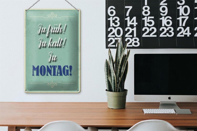 Blechschild Spruch 20x30cm zu früh zu kalt zu Montag