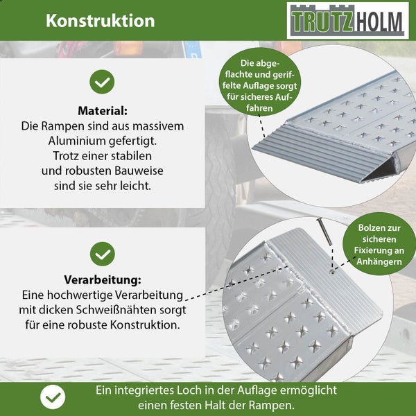 Informationen zur Konstruktion der TrutzHolm Rampe mit Details zum Material Aluminium, zur Verarbeitung mit Schweissnähten und zur sicheren Befestigung am Anhänger.