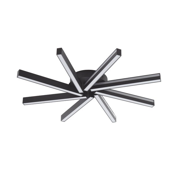 Moderne LED-Deckenleuchte mit strahlenförmig angeordneten schwarzen Metallstäben.