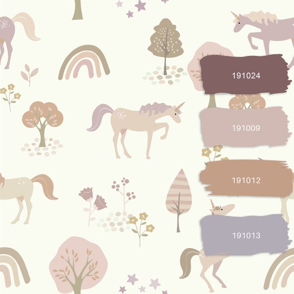 Tapete mit Einhorn-, Baum- und Regenbogenmuster