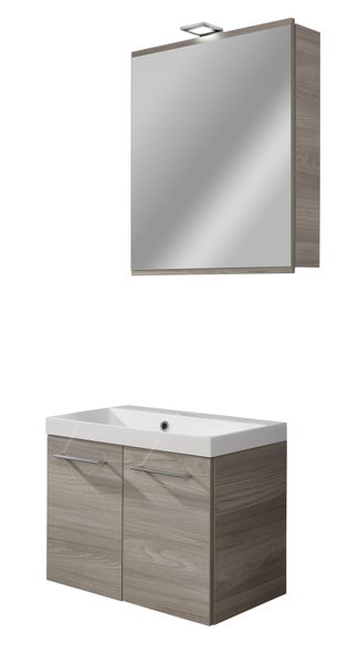 FACKELMANN LIMA Badmöbel Set 3 Teile / Gussmarmor Waschbecken / Waschbeckenunterschrank mit 2 Türen / LED Spiegelschrank / Soft-Close / Korpus: Braun hell / Front: Braun hell / Breite: 60 cm