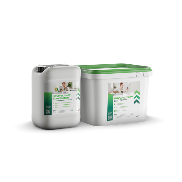 Home Line Novuprotect Vorreiniger im 5 Liter Kanister und Novuprotect Schimmelschutz im 10 Kilogramm Eimer für Oberflächenreinigung und Schutz.