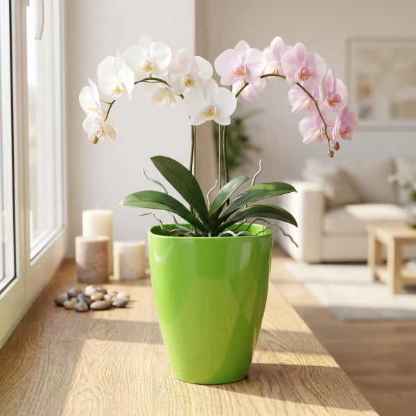 Zimmerpflanze Orchidee in einem hellgrünen Pflanzentopf auf einer Fensterbank in einem hellen Wohnzimmer.