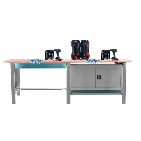 Werkbank BUFFALO WOOD mit 1x Schublade + Schrank| HxBxT 86,5x210x75cm | Traglast 1000kg | Grau
