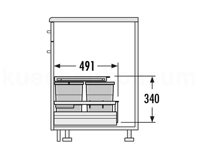 Maßzeichnung eines Küchenunterschranks mit Abfalltrennsystem, Breite 491 Millimeter, Höhe 340 Millimeter.