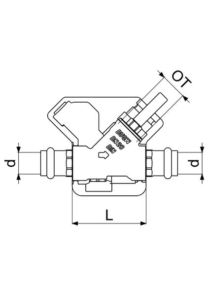 Technische Zeichnung einer Pressarmatur mit Bemaßungen für Durchmesser und Länge, Nenndurchmesser 20, zertifiziert für Gas und Wasser.