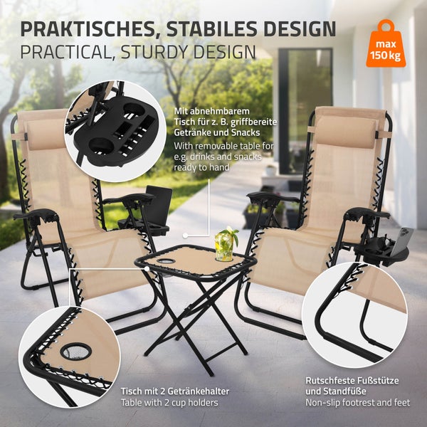 ML-Design 3-teiliges Sonnenliege Set klappbar, Gartenliege Set mit Tisch, Taupe, Liegestuhl mit verstellbarem Kopfpolster & Rückenlehne, wetterfest/Outdoor, Relaxliege Gartenstuhl mit Getränkehalter