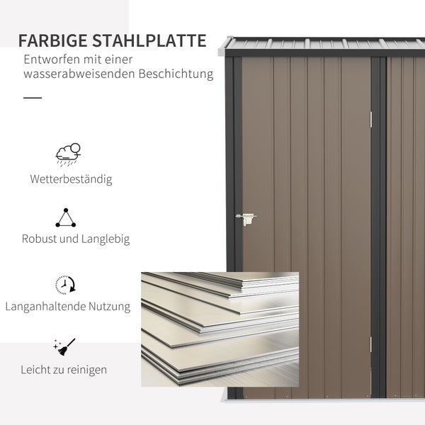 Outsunny Gerätehaus mit Pultdach, Gartenhaus, verzinkt, 1,34 m²,  161,5 x 94,5 x 196 cm, Stahl, Braun