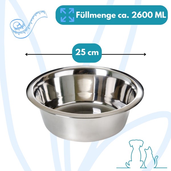 Edelstahlnapf mit einem Durchmesser von 25 cm und einem Fassungsvermögen von circa 2600 ml.