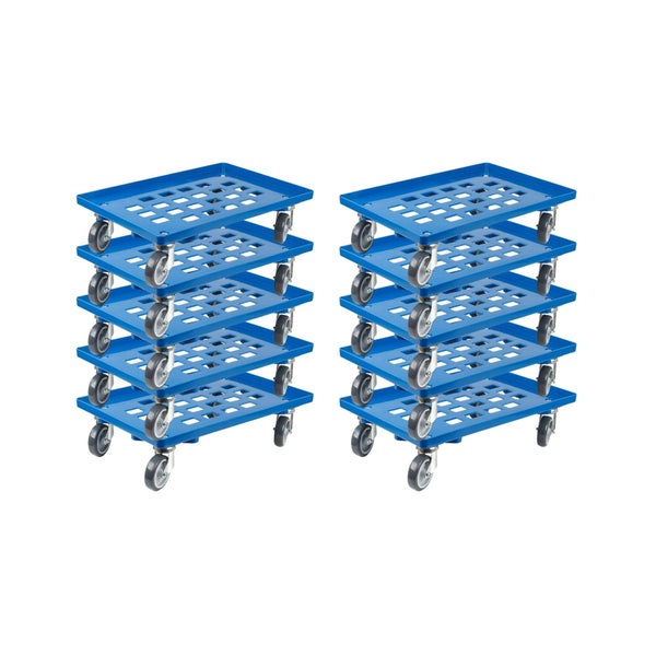 PROREGAL SparSet 10x Transportroller für Euroboxen 60 x 40 cm mit Gummiräder Blau Gitter/Rasterdeck 2 Lenkrollen und 2 Bremsrollen Traglast 300 kg