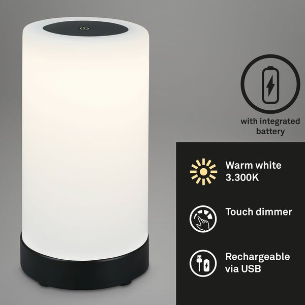 Briloner Leuchten - LED Tischlampe Akku, Dimmbar, Glas LED Tischleuchte Kabellos, Touchfunktion, 3.300K Warmweiß, Schwarz, 245x125 mm (HxD)