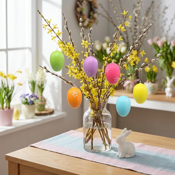 Osterstrauß mit hängenden, dekorierten Ostereiern an Weidenkätzchen und Forsythienzweigen in einer Glasvase auf einem Holztisch mit Osterhase.