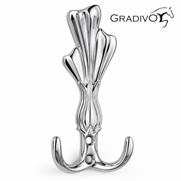 Dreifach-Garderobenhaken aus Metall in glänzender Optik mit dekorativen Verzierungen und zwei Befestigungslöchern, Gradivo Logo.