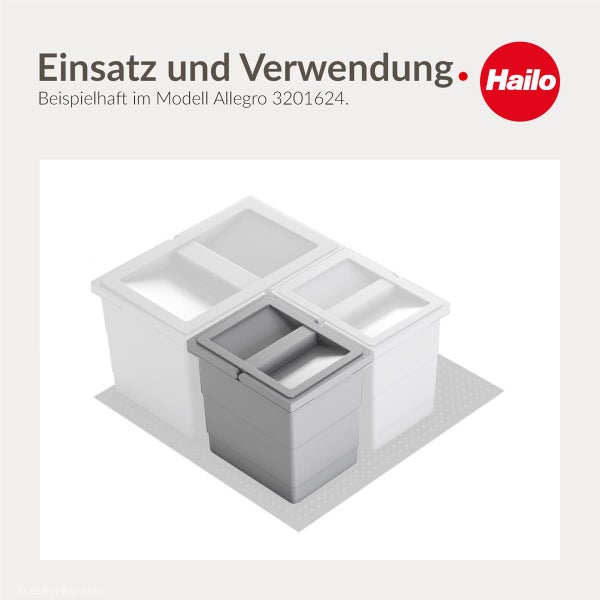 Hailo Abfallbehälter für Mülltrennsystem, beispielhaft dargestellt im Modell Allegro. Hailo Logo.