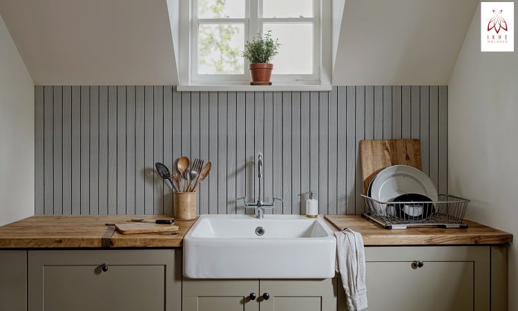 Küchenszene mit Spüle, Armatur, Geschirr und Holzarbeitsplatte