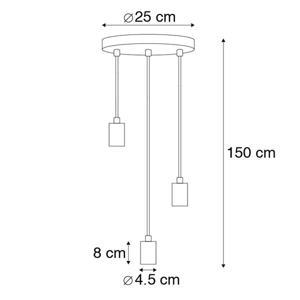 Technische Zeichnung einer Hängelampe mit drei Leuchten, 25 cm Durchmesser und 150 cm Höhe