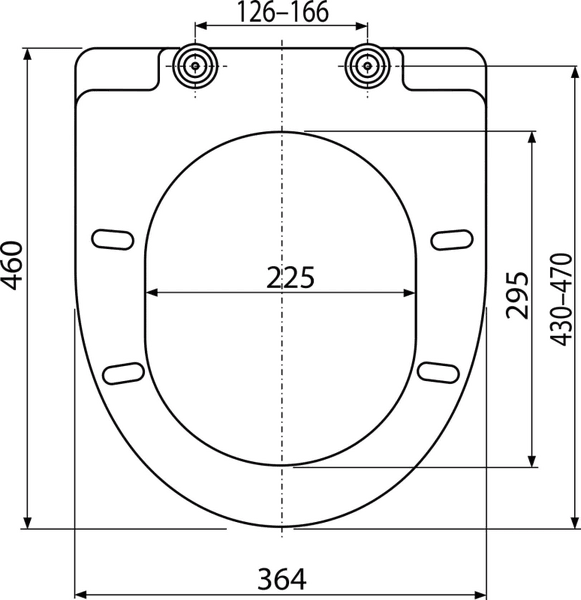 Technische Maßzeichnung eines WC Sitzes mit allen relevanten Abmessungen in Millimeter.