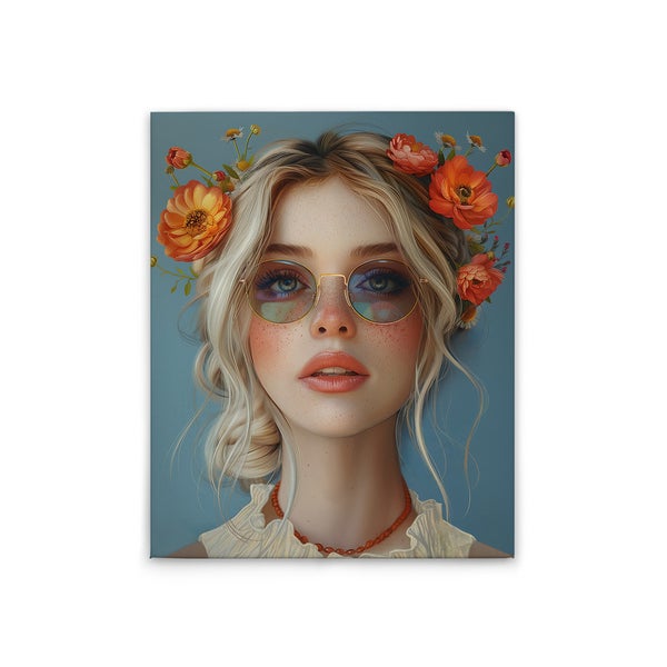 Gemälde einer jungen Frau mit Blumen im Haar und runder Brille