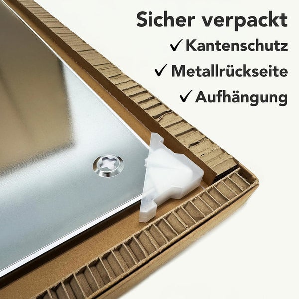 Sicher verpackter Spiegel mit Kantenschutz, Metallrückseite und Aufhängung