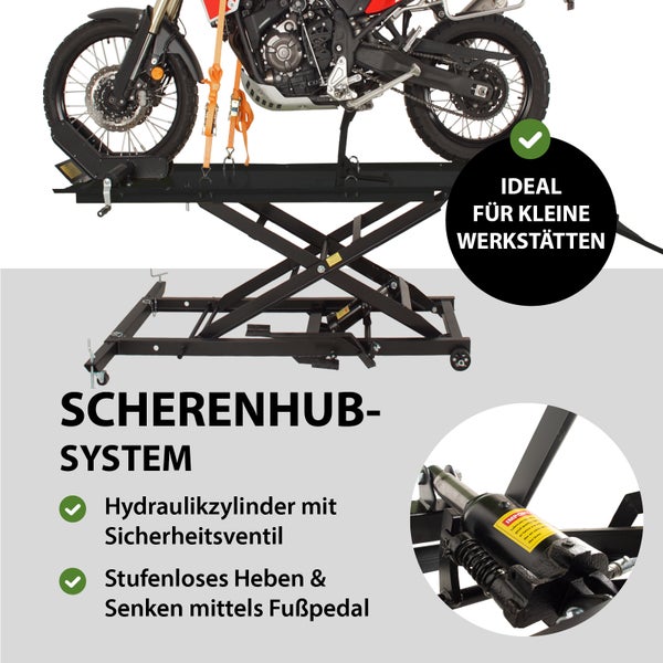 Motorrad auf einer Scherenhebebühne für kleine Werkstätten