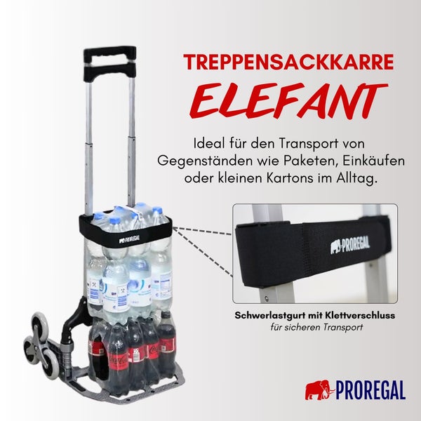 PROREGAL Klappbare Treppensackkarre ELEPHANT HxBxT 110x45x48cm Traglast 70kg Aluminiumrahmen ergonomische Griffe TRR Fachgummiräder Silber Treppensteiger Sackkarre