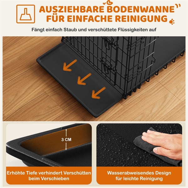 Ausziehbare Bodenwanne unter einem schwarzen Käfig, die Staub und verschüttete Flüssigkeiten auffängt. Erhöhte Tiefe verhindert Verschütten. Wasserabweisendes Design für einfache Reinigung.