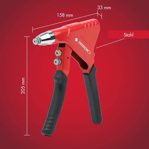 Handnietzange aus Stahl von Arrow mit Maßangaben: Höhe 205 Millimeter, Länge 158 Millimeter, Breite 33 Millimeter. Arrow Logo.