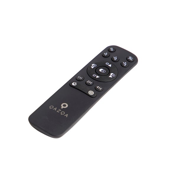 QAZQA Fernbedienung für Deckenventilatoren mit Tasten für Lichtsteuerung, Timer und Lüftergeschwindigkeit. QAZQA Logo.