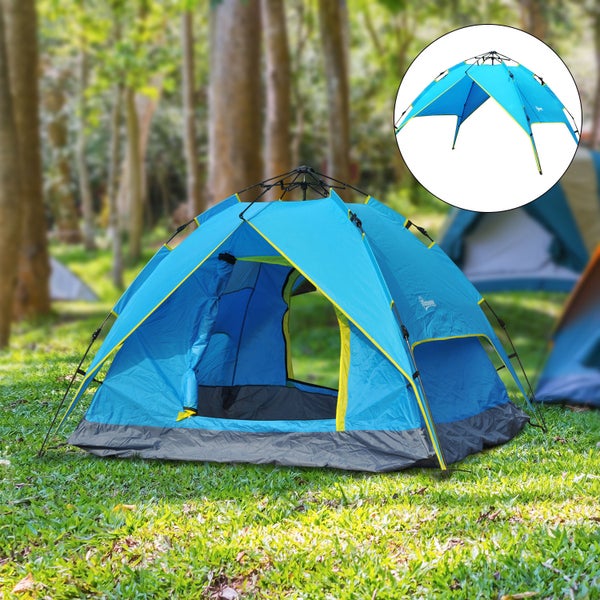 Outsunny Campingzelt, Sekundenzelt, Automatisch, für 3-4 Personen, L230 x B200 x H135cm, Fiberglas,Polyester,PE, Blau+Gelb