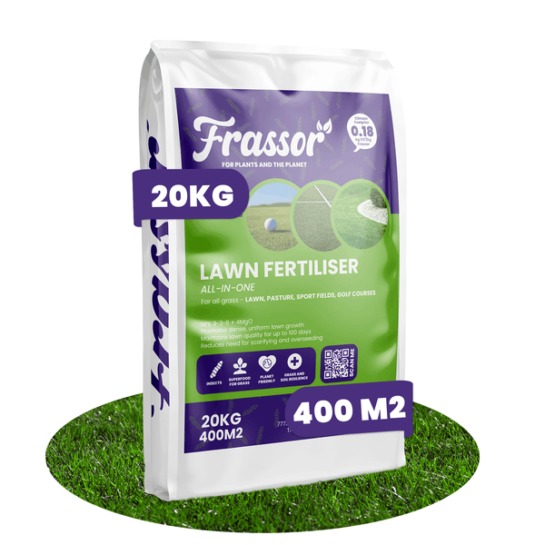 Frassor Rasendünger All-in-one, 20 Kilogramm Sack für circa 400 Quadratmeter, organischer Dünger aus Insektendung.