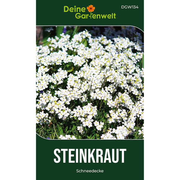 Samentüte für Steinkraut Schneedecke mit vielen kleinen weißen Blüten und Deine Gartenwelt Logo.