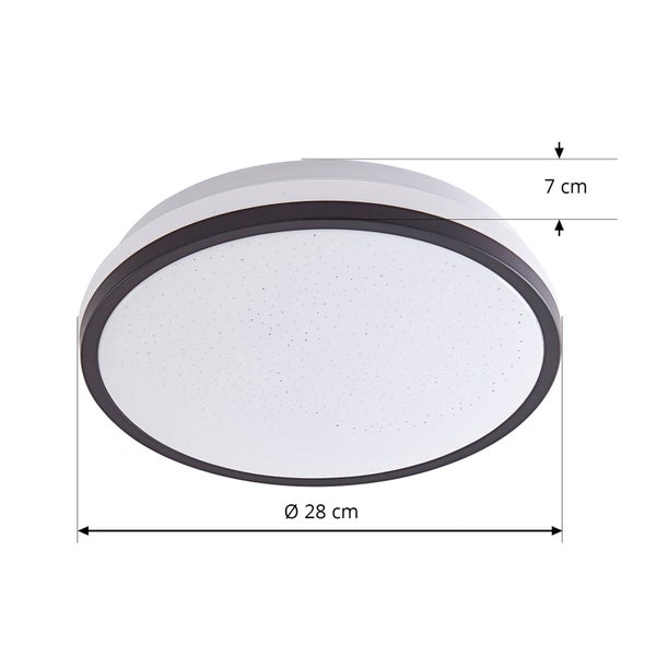 Runde Deckenleuchte mit dunklem Rand, Durchmesser 28 Zentimeter, Höhe 7 Zentimeter.
