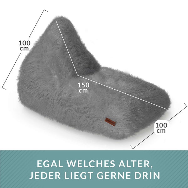 Green Bean Sitzsack Felloptik Indoor 150x100x100cm mit 220 Liter EPS-Perlen Füllung - Kuschelig Weich Waschbar - Drinnen Stoff Bodenkissen Liegekissen Sitzkissen Grau