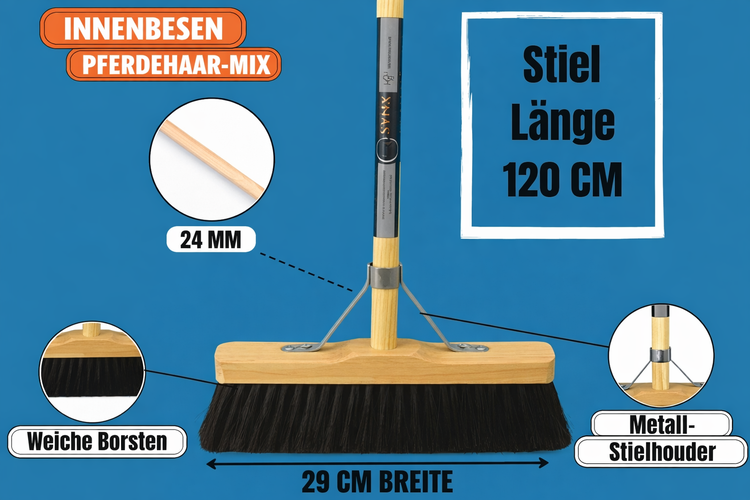 Innenbesen mit Pferdehaarmischung, Stiellänge 120 cm und 29 cm Breite