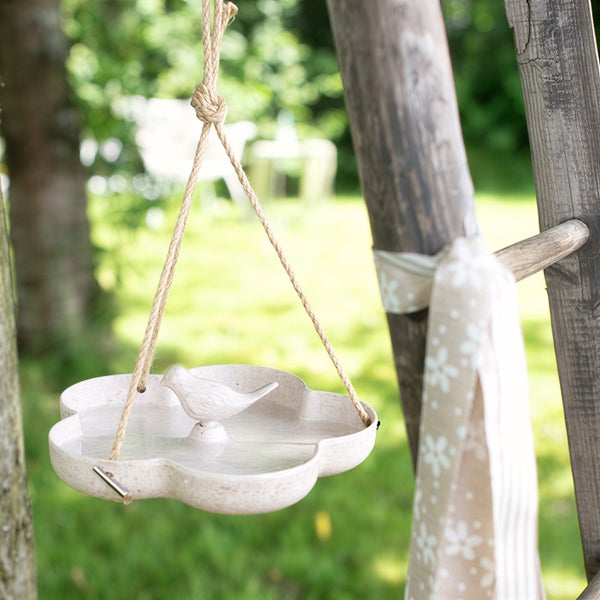 Hängende Vogeltränke mit Vogel Figur und Seilaufhängung